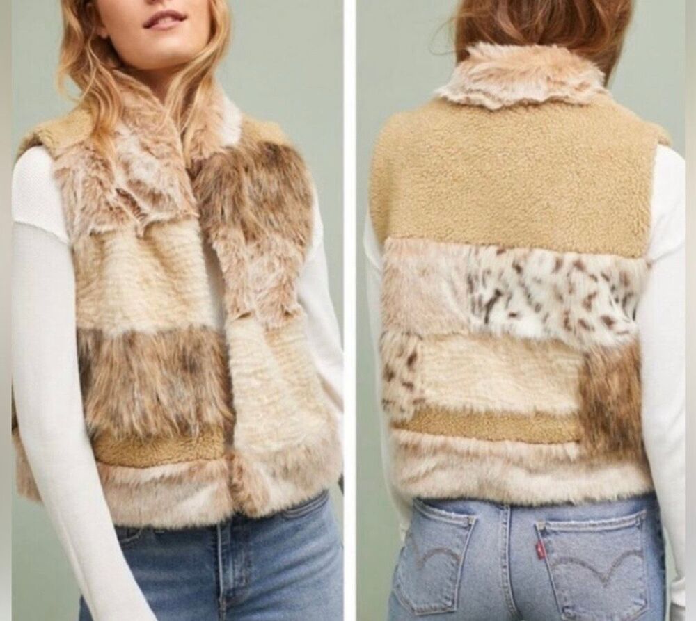 Anthropologie Faux Fur Patchwork Vest Size M Boho Statement